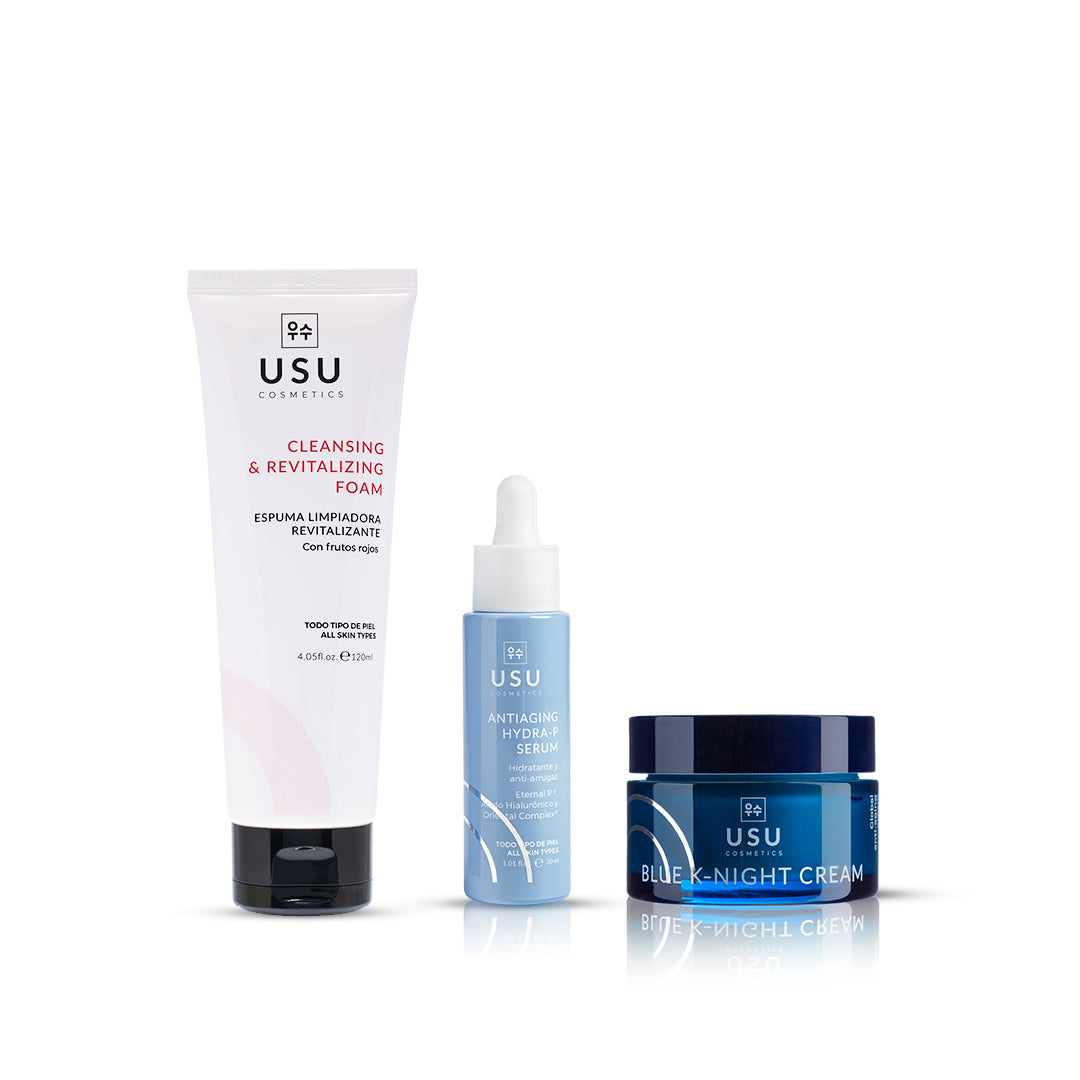 Rutina coreana antiarrugas para piel seca y sensible entres pasos: espuma limpiadora, serum hidratante y antiarrugas y crema de noche