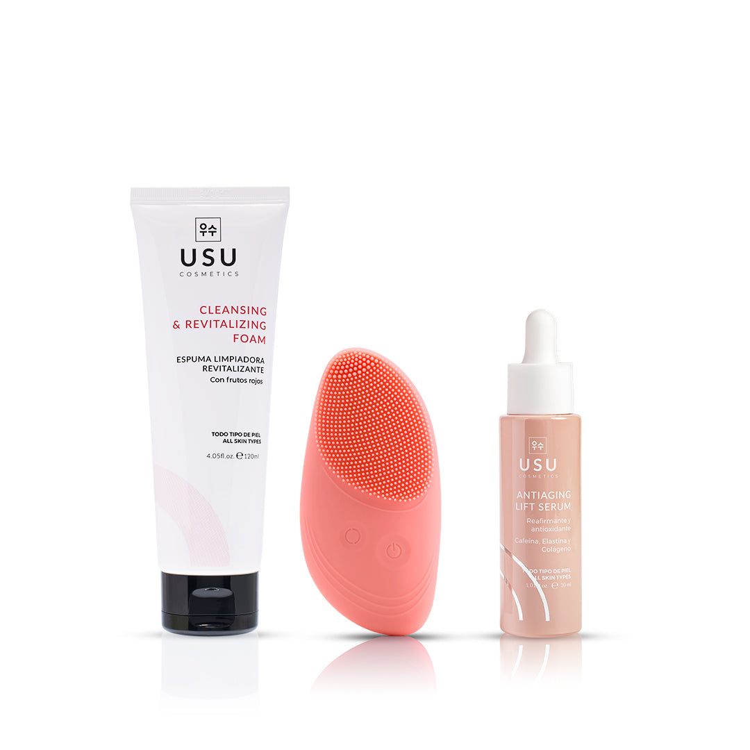 Rutina en tres pasos para recuperar la firmeza de la piel: espuma limpiadora, cepillo de limpieza nusu 2.0 y antiaging lift serum reafirmante 