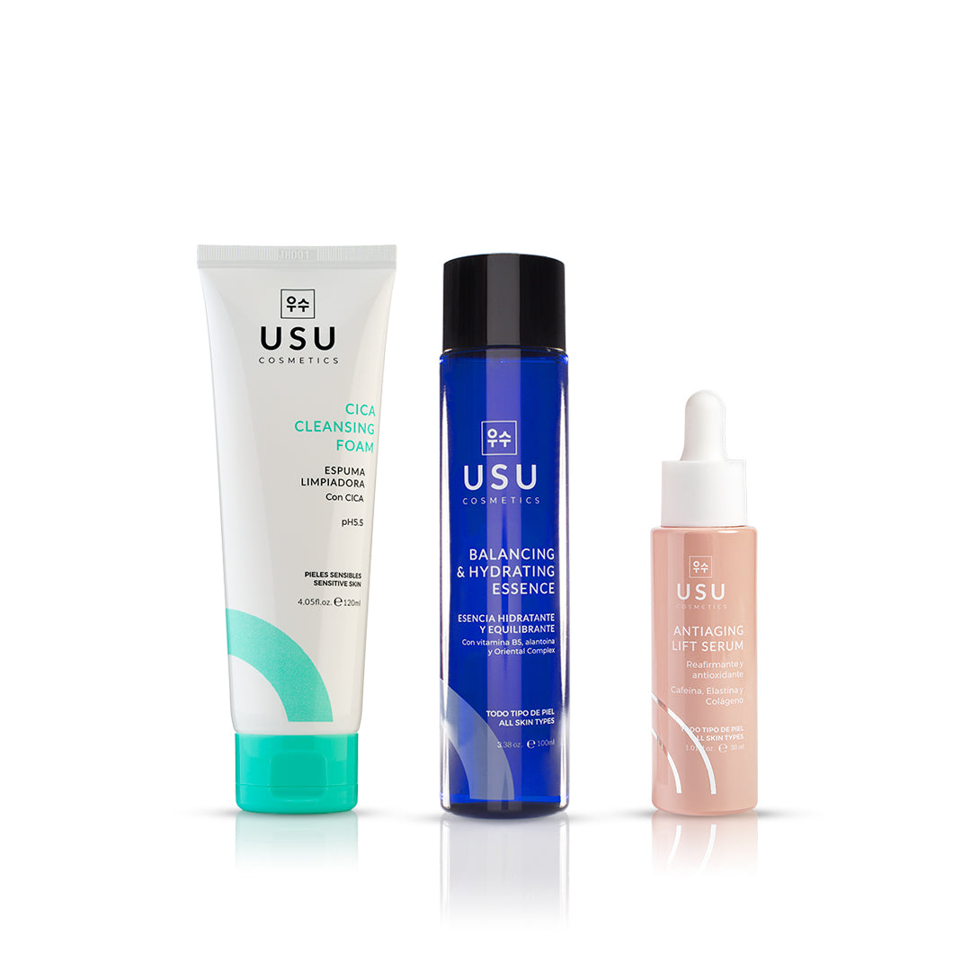 Rutina coreana firmeza para piel sensible compuesta de tres productos: espuma cica, esencia y serum reafirmante con cafeina, elastina y colágeno