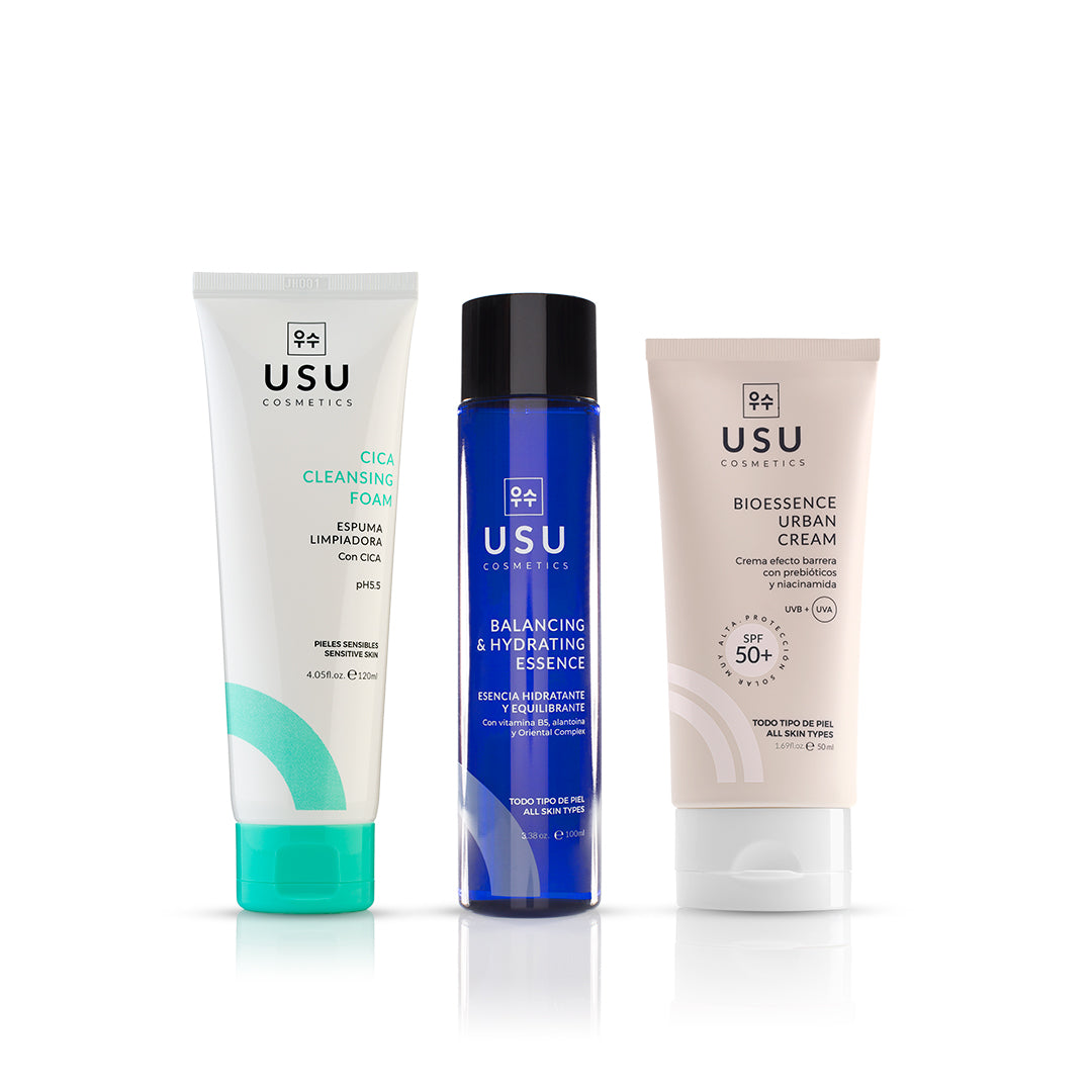 Rutina de cosmética coreana en tres pasos que hidrata la piel  con espuma limpiadora cica, esencia hidratante y bioessence urban cream