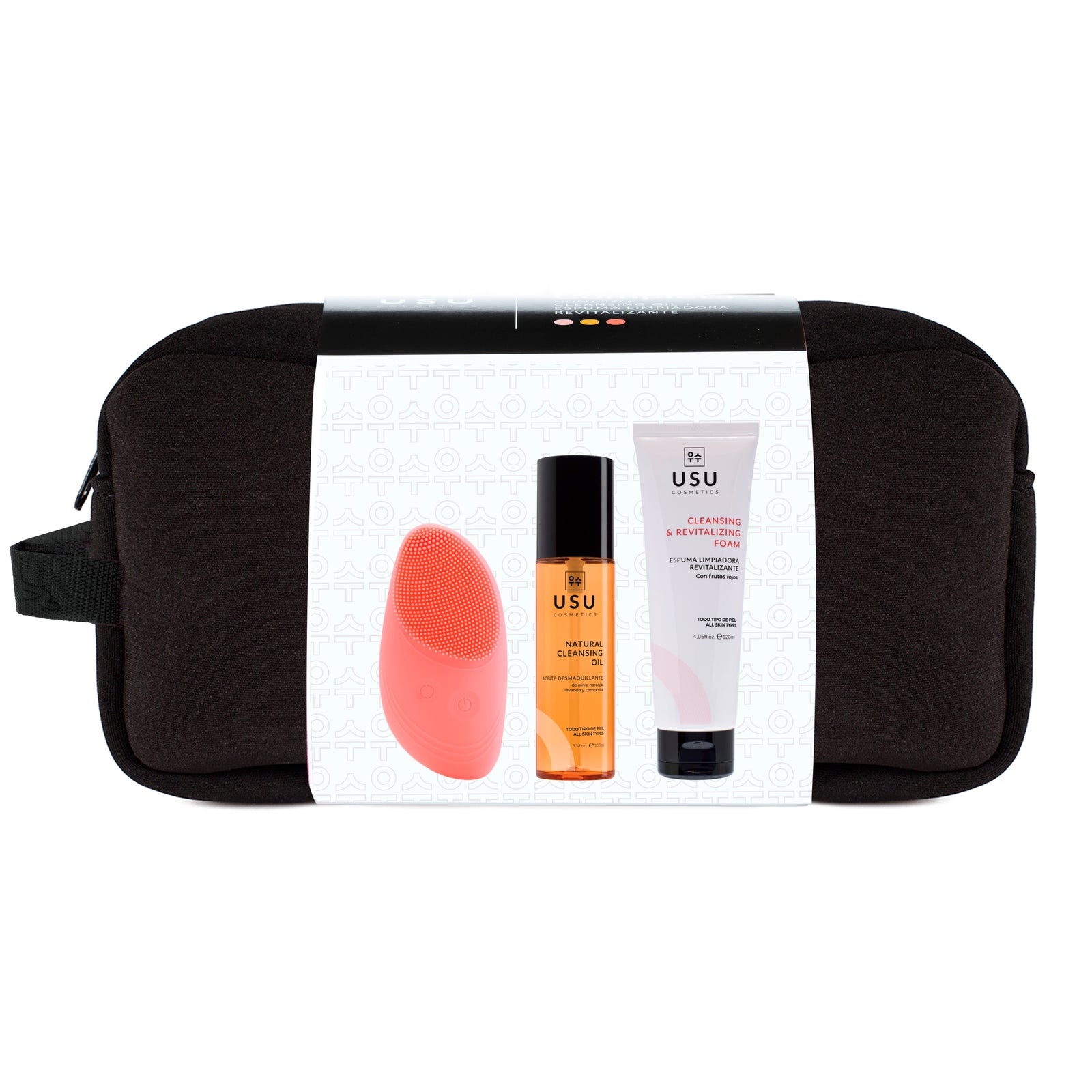 Pack limpieza facial coreana USU Cosmetics con NUSU 2.0, aceite desmaquillante y espuma revitalizante en neceser de neopreno